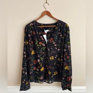 Amour Vert 100% Silk XL Black Floral Shirt NWT